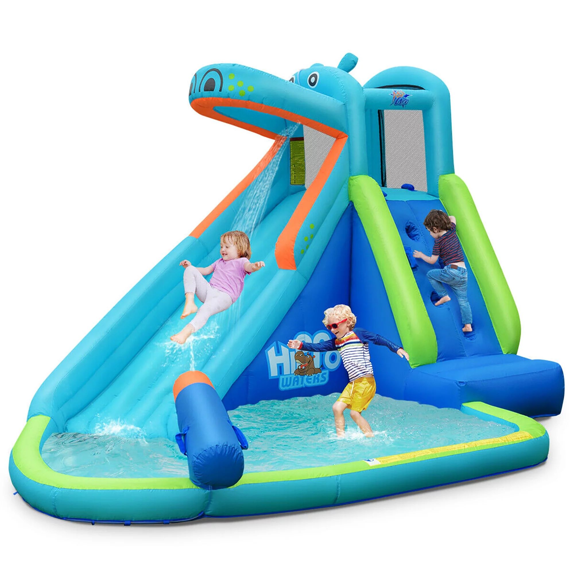 Costway Inflatable Kids Hippo Bounce House Slide Climbing Wall Splash Pool w/ Bag | Walmart (US)