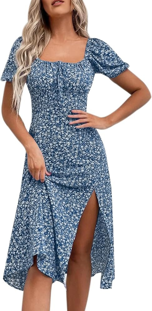 SPRIME Women's Floral Summer Casual Dress Square Neck Puff Sleeve Boho Midi Dresses Ruched Bust H... | Amazon (US)