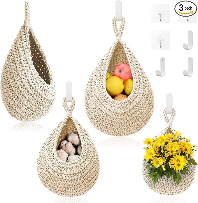 Hanging Fruit Baskets for Kitchen - 3 Pack Boho Wall Hanging Basket with 6 Pcs Strong Hooks, Hand... | Amazon (US)