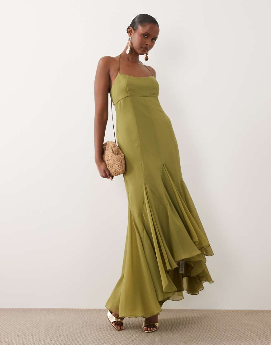 ASOS DESIGN maxi dress with high-low volume hem in olive-Green | ASOS (Global)