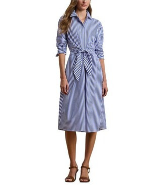 Lauren Ralph Lauren Broadcloth Stripe Print Point Collar Neck Long Sleeve Tie Front Shirt Midi Dr... | Dillard's
