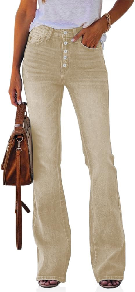Koinshha Womens High Waisted Jeans Flare Stretch Boyfriend Casual Bootcut Denim Pants Khaki | Amazon (US)