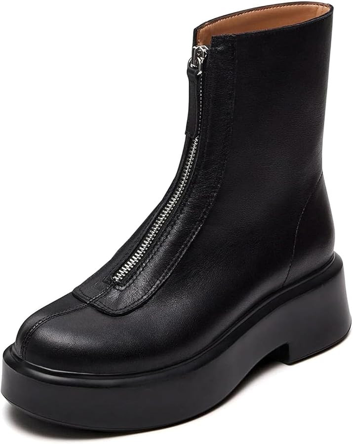 ZJGZF Women's Platform Ankle Boots Leather Boot Chelsea Booties Block Heel Round Toe Short Combat... | Amazon (US)