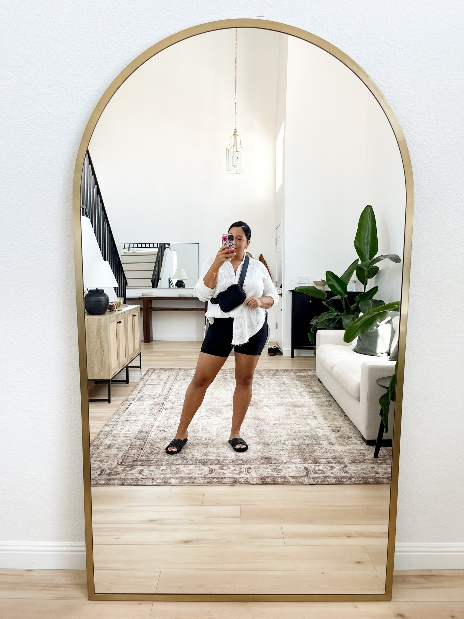 Amazon outfit idea 
Amazon biker shorts
Lululemon dupe bag
Oversized button down top 