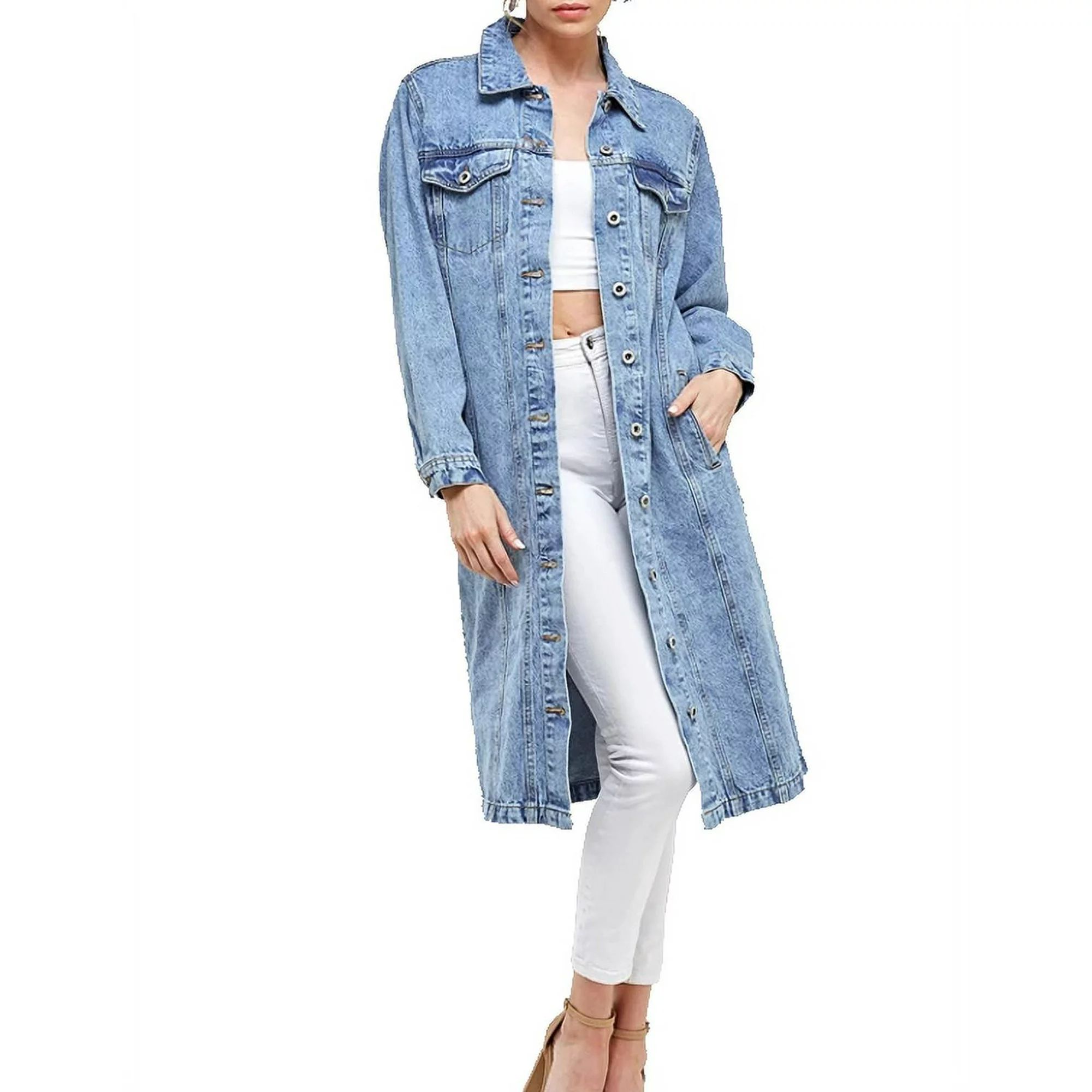 Women's Long Casual Maxi Length Denim Cotton Coat Oversize Button Up Jean Jacket (Light Blue, XL) | Walmart (US)