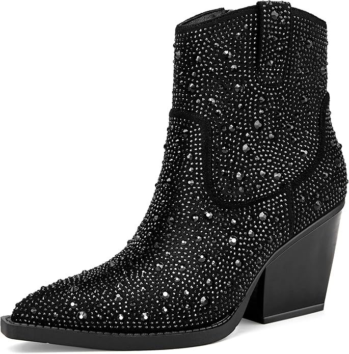Women's Color Rhinestone Boots Glitter Sparkly Cowboy Booties Chunky Block Heel Pearl Detail Poin... | Amazon (US)