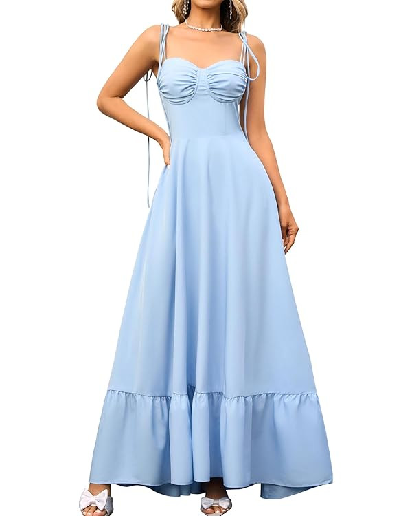 GLNEGE Women's Summer Spaghetti Strap Maxi Wedding Guest Dress Smocked Ruffle Tea Party Dresses F... | Amazon (US)