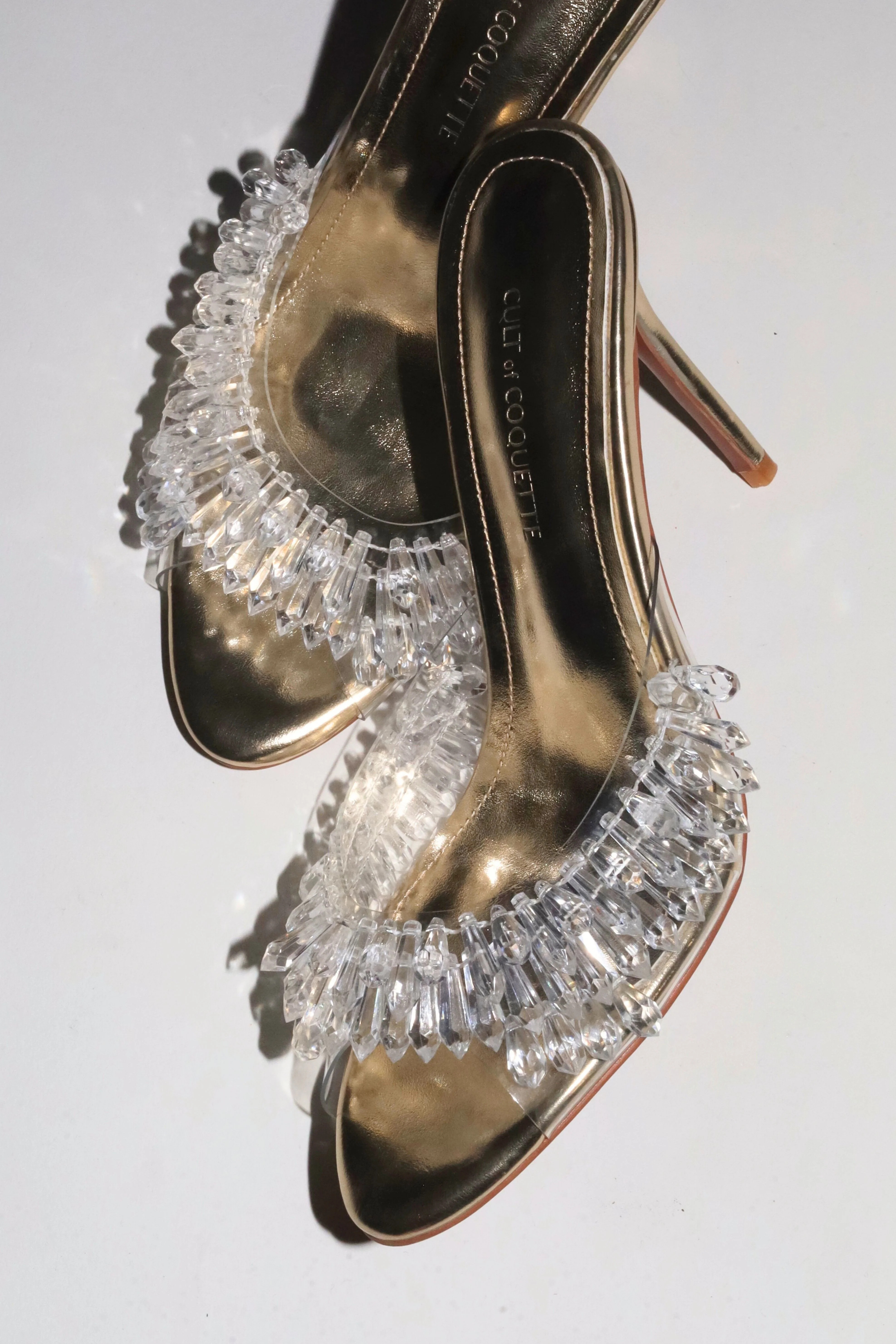 Goldie White Gold Clear Drip Chandelier Open Toe Mules 100 mm | CULT OF COQUETTE