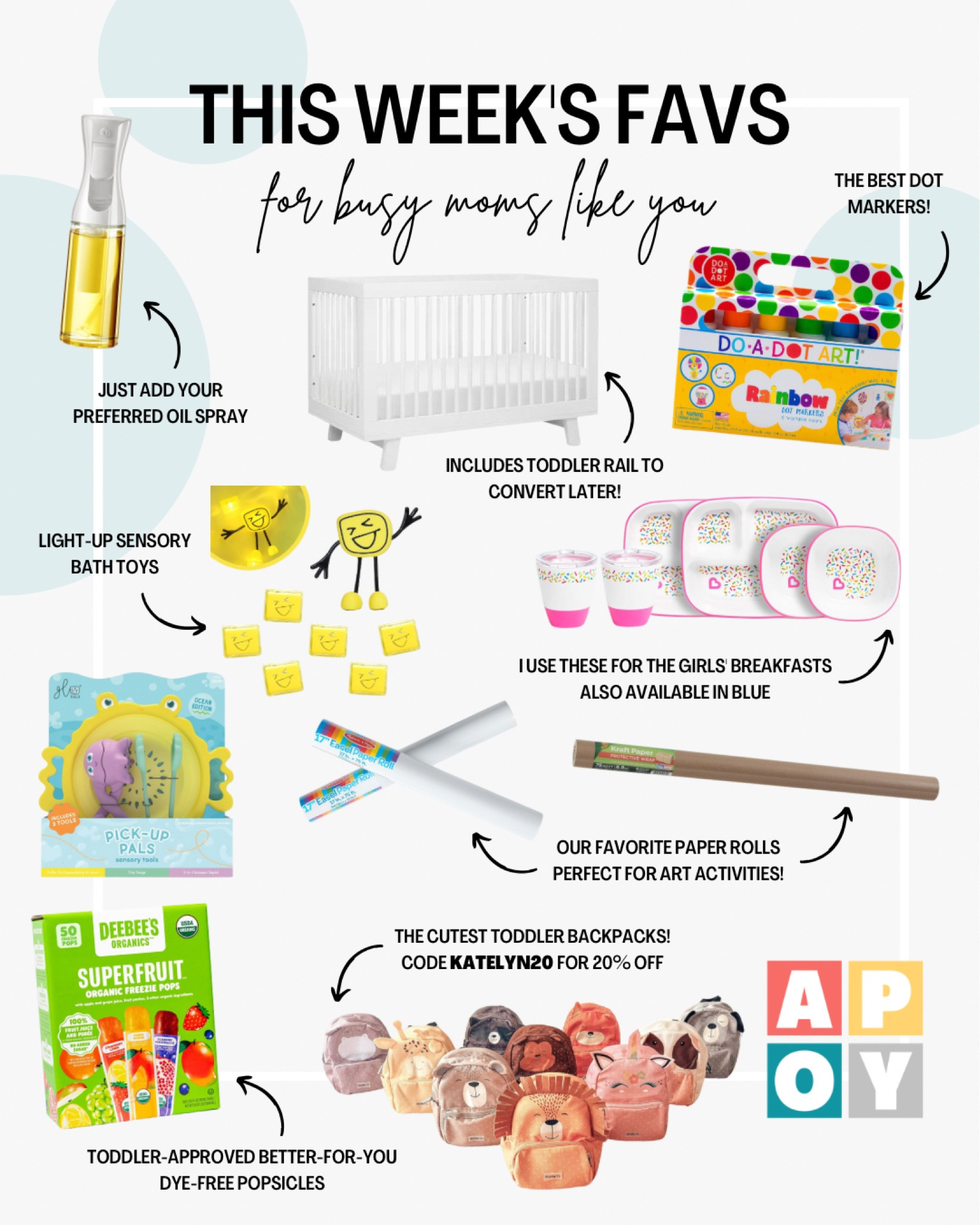 This week’s favorite products! ⬇️

For babies: Babyletto Hudson crib

For kids: Do a Dot dot markers, Munchkin Splash divided plates, GloPals sensory bath toys and pick-up pals, mini toddler animal backpacks, DeeBee’s freezie pops, Melissa and Doug white roll paper, and kraft roll paper 

For the home: glass oil sprayer 

#LTKhome #LTKkids #LTKbaby