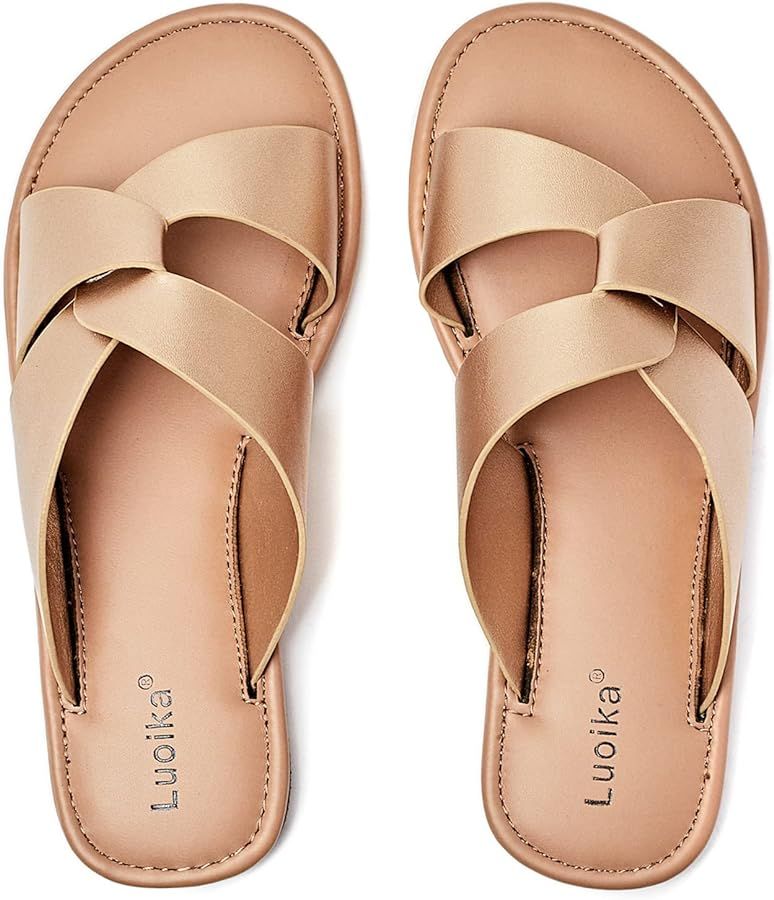 Luoika Women's Wide Width Flat Slides Sandals, Strapy Slide Sandal Slip on Dressy Summer Shoes fo... | Amazon (US)