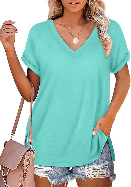 NSQTBA Womens T Shirts V Neck Roll Sleeve Tshirts Loose Fit Summer Tops Side Split | Amazon (US)