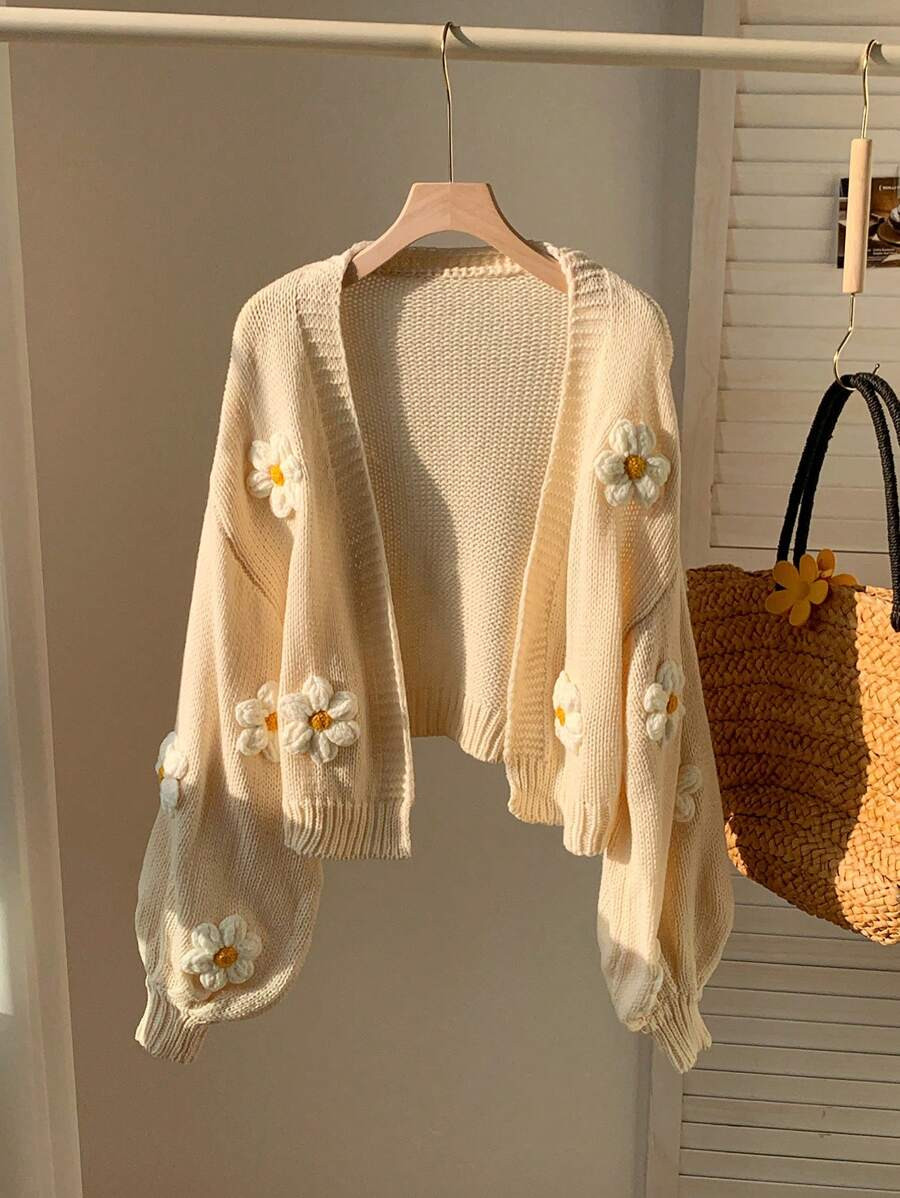 Comfortcana Spring/Fall Casual 3D Flower Decor Lantern Sleeve Cardigan | SHEIN