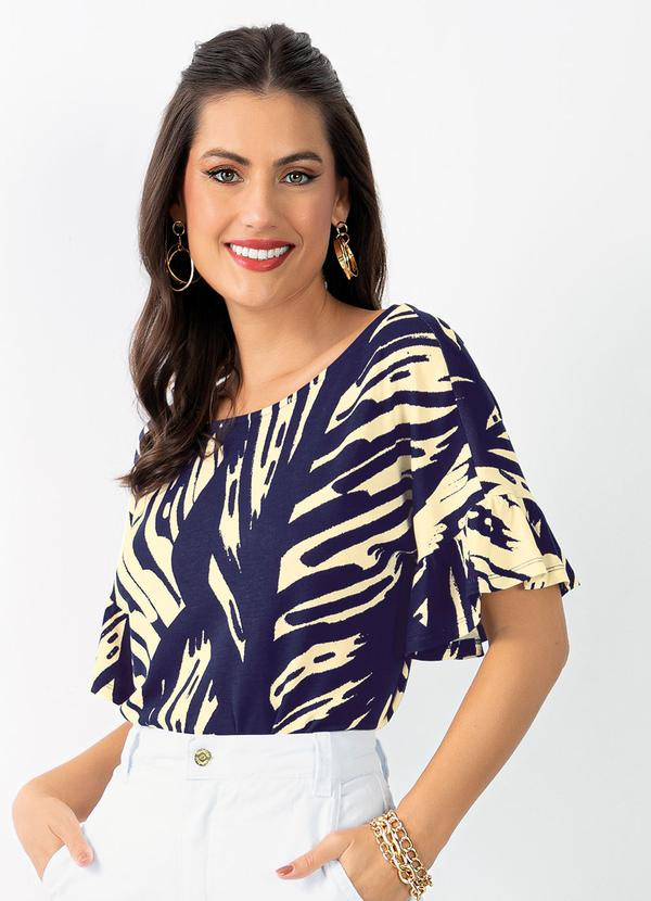 Quintess - Blusa Folhagem Marinho com Babados nas Mangas | Posthaus (BR)