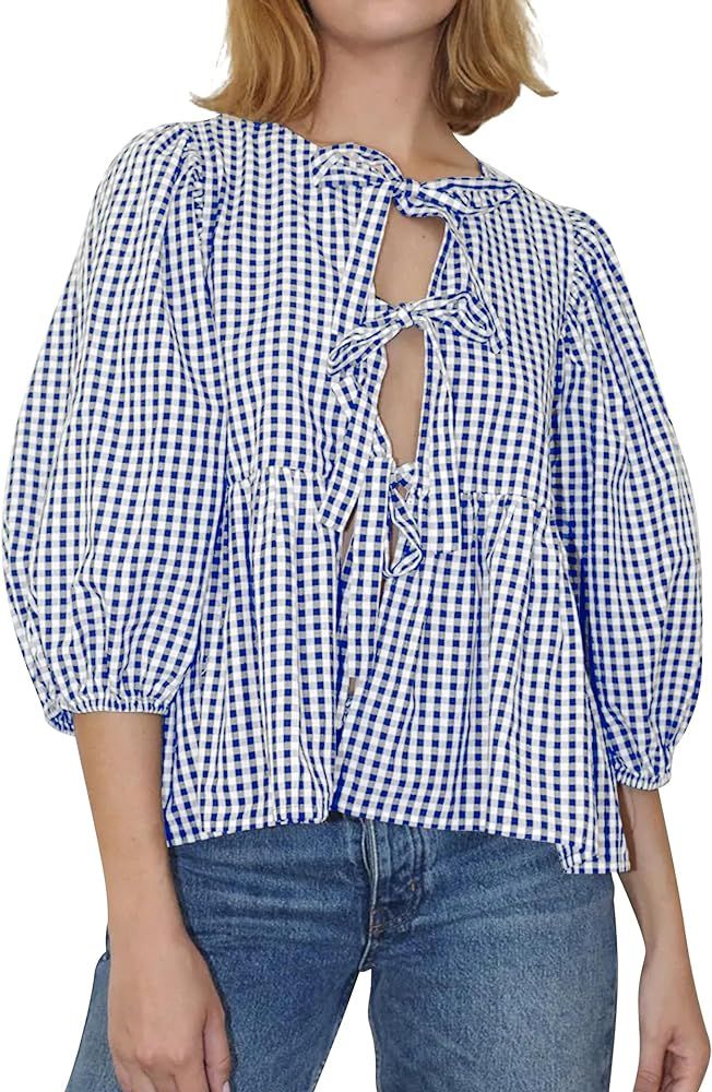 Cioatin Women Bow Tie Front Shirt Top Cute Puff Sleeve Y2K Peplum Ruffle Babydoll Blouse Lace Up ... | Amazon (US)