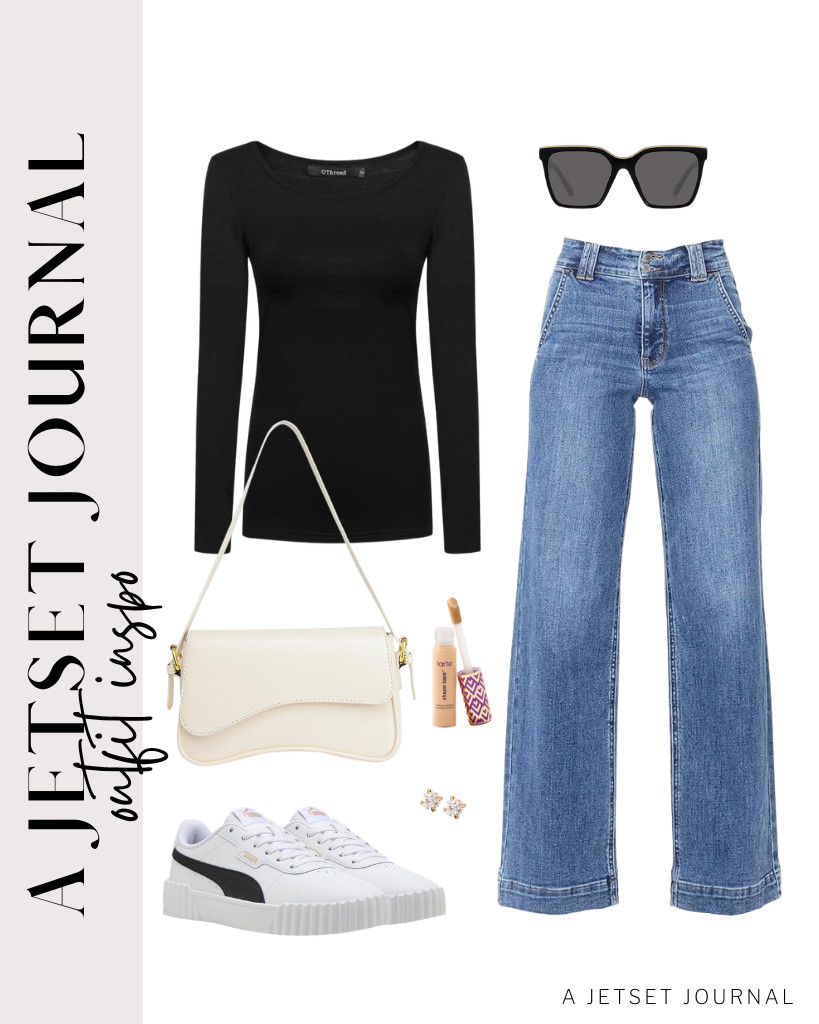 You can effortlessly style this black long-sleeve top and jeans combination with an elegant shoulder bag featuring a magnetic closure and PUMA sneakers. For your makeup, consider using Tarte Shape Tape concealer. 

 #LTKSeasonal #LTKTravel