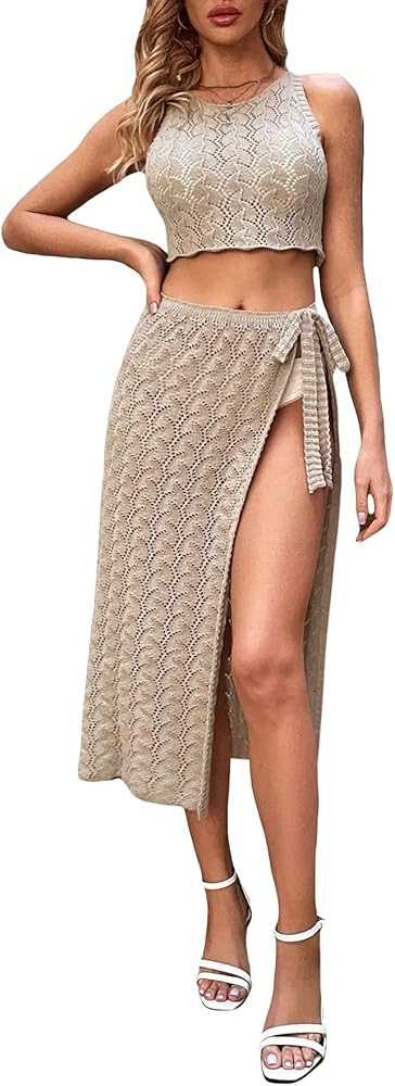 GORGLITTER Women's Crochet Swimsuit Cover Up Set 2 Piece Sleeveless Tank Crop Top and Beach Wrap ... | Amazon (US)
