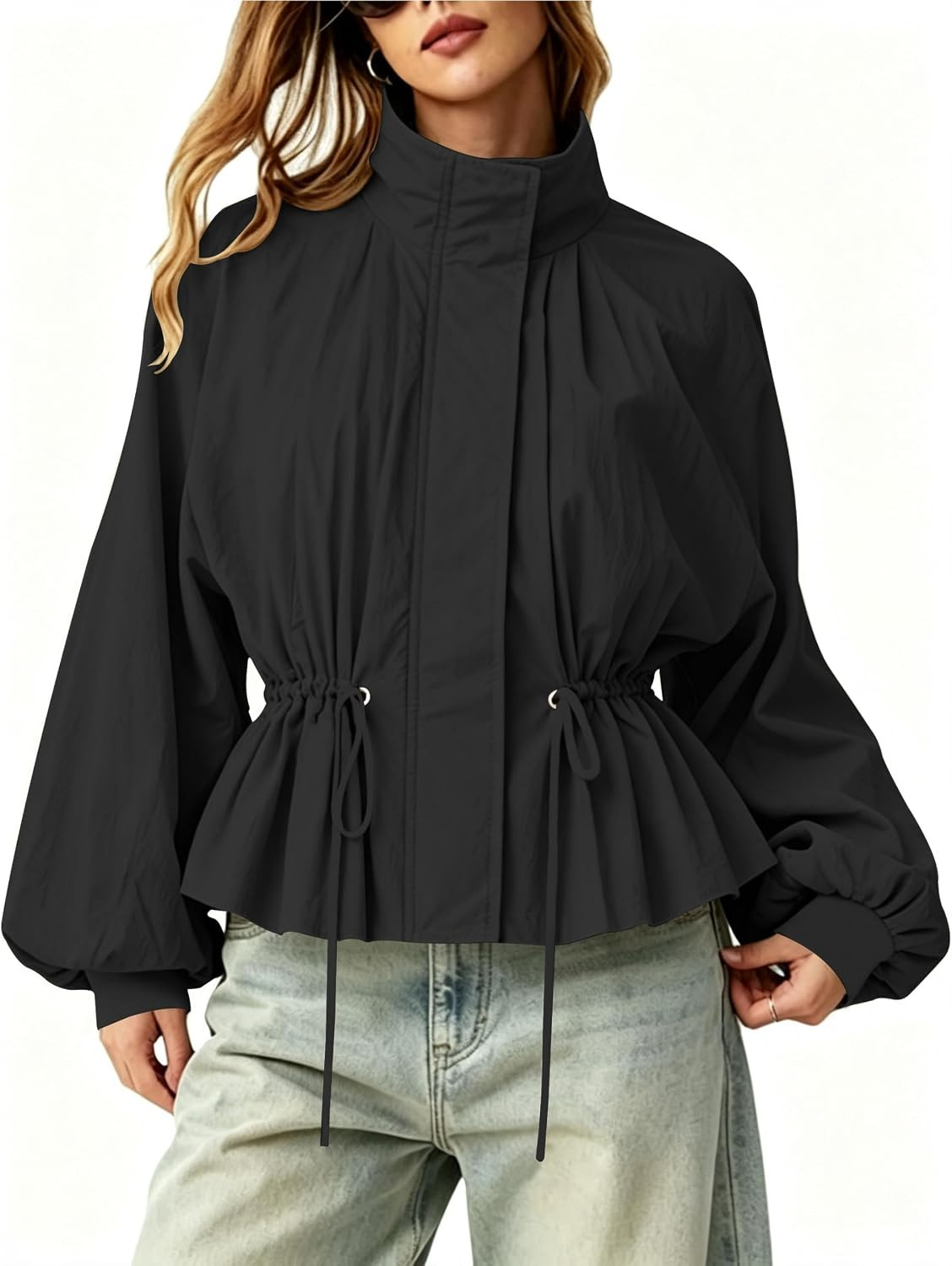 Mingzhu Women's Drawstring Windbreaker Jacket Pleated Windproof | Amazon (US)