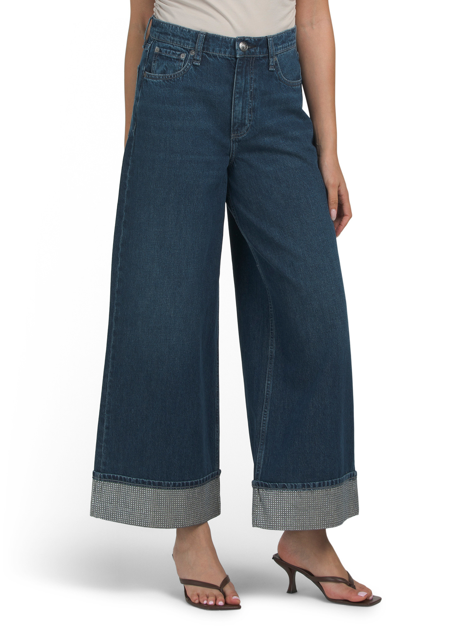 Sofie High Rise Ankle Wide Leg Jeans With Rhinestone Cuffs | TJ Maxx