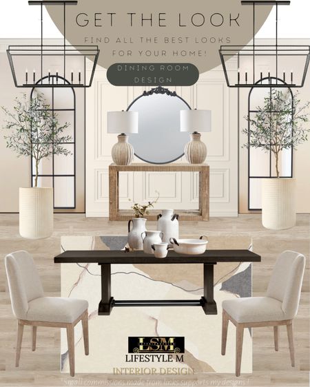 Dining Room Design Idea. Recreate the look with these home furniture and decor finds! Black dining table, upholstered wood dining chairs, dining room rug, table vases, white ceramic tree planter pot, faux fake tree, black round mirror, table lamp, dining room chandelier, wood console table.

#LTKhome #LTKFind #LTKstyletip
