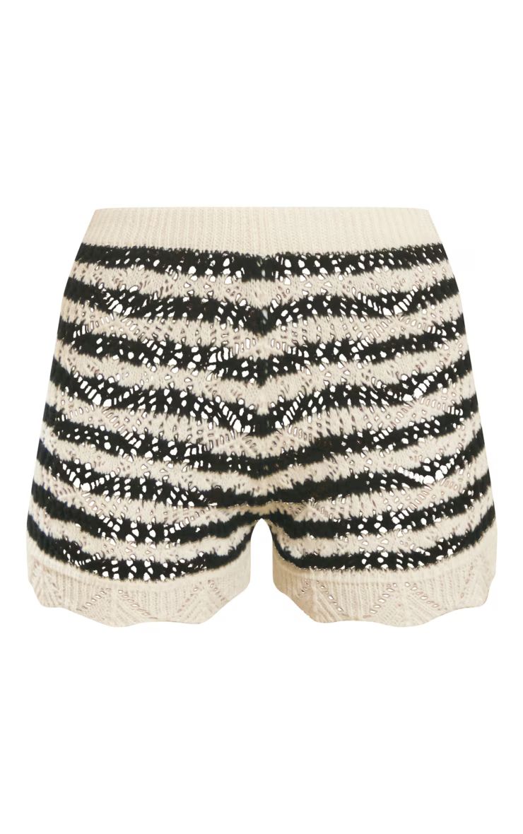 Monochrome Crochet Stripes Scallop Edge Shorts | PrettyLittleThing UK