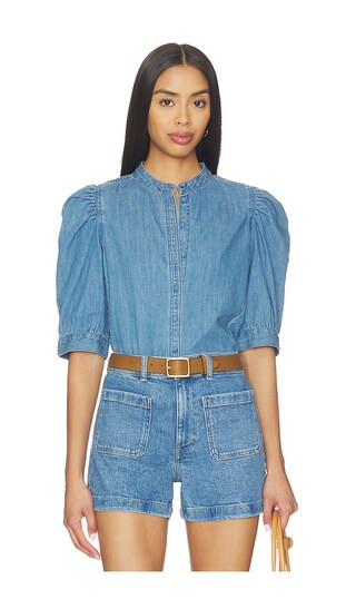Madewell Denim Puff Sleeve Band Collar Shirt in Blue. - size 16 | Revolve Clothing (Global)