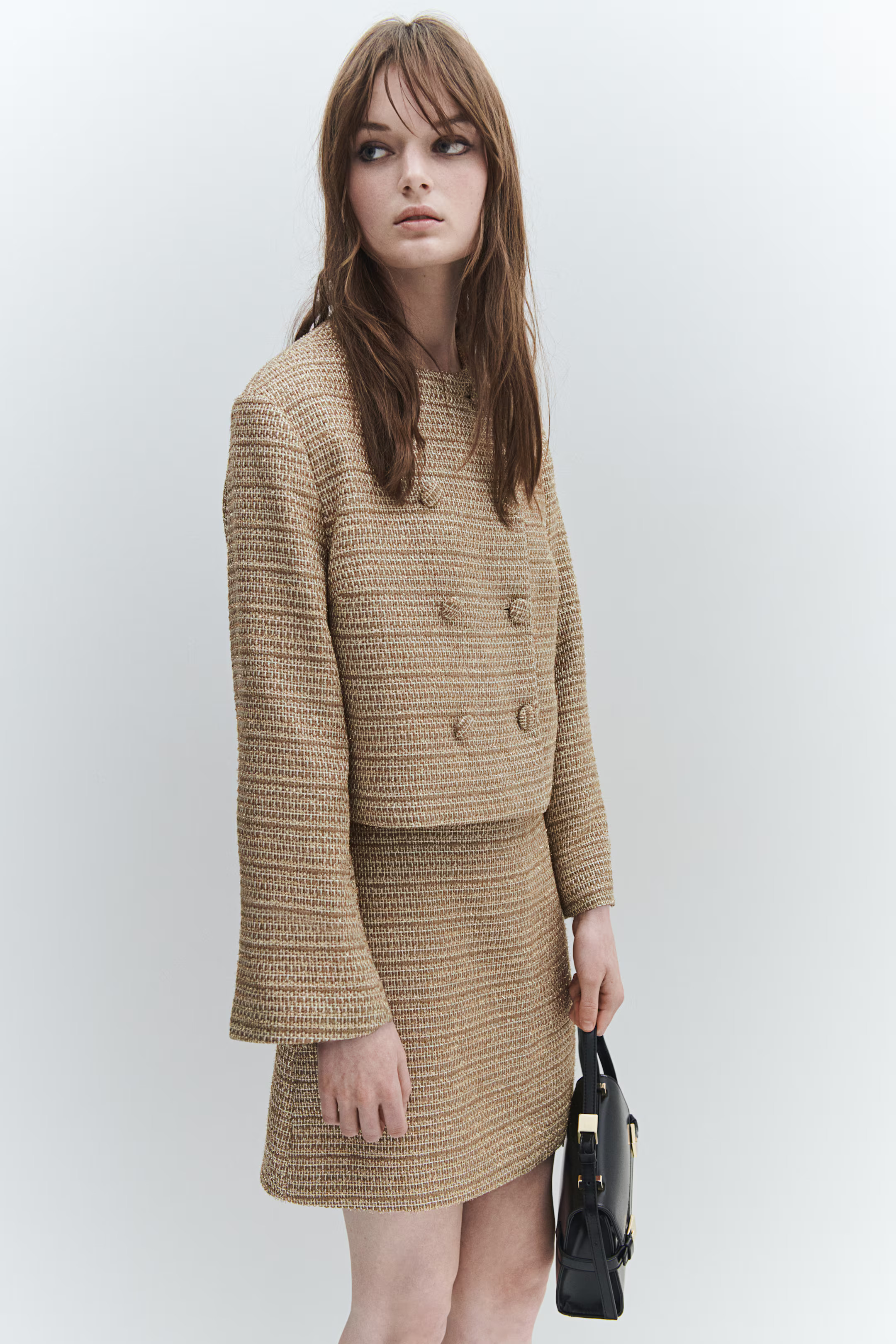 Textured Double-Breasted Jacket - Beige/gold-colored - Ladies | H&M US | H&M (US + CA)