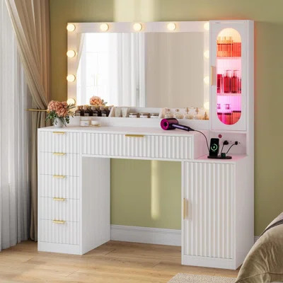 Fluted Makeup Vanity Desk With Large Mirror And Lights, Wood Vanity With Charging Station, 6 Drawers And Cabinet | Wayfair North America
