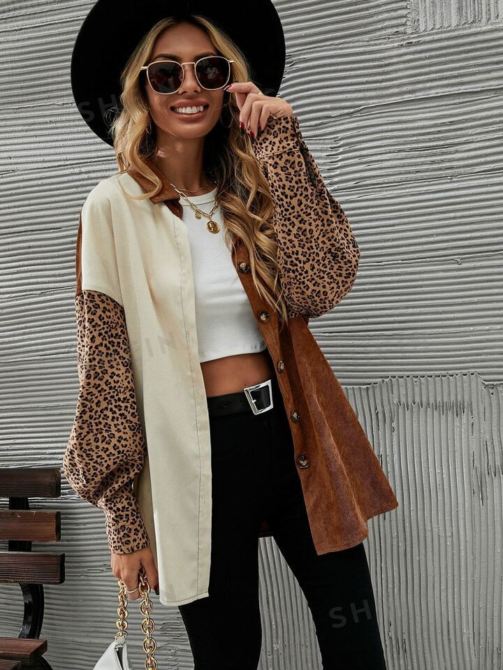 SHEIN LUNE Cut And Sew Leopard Corduroy Coat | SHEIN