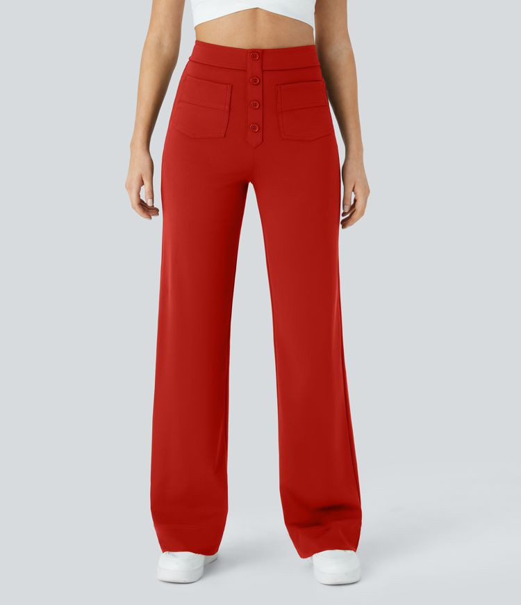 Women’s High Waisted Button Multiple Pockets Straight Leg Casual Pants - Halara | HALARA