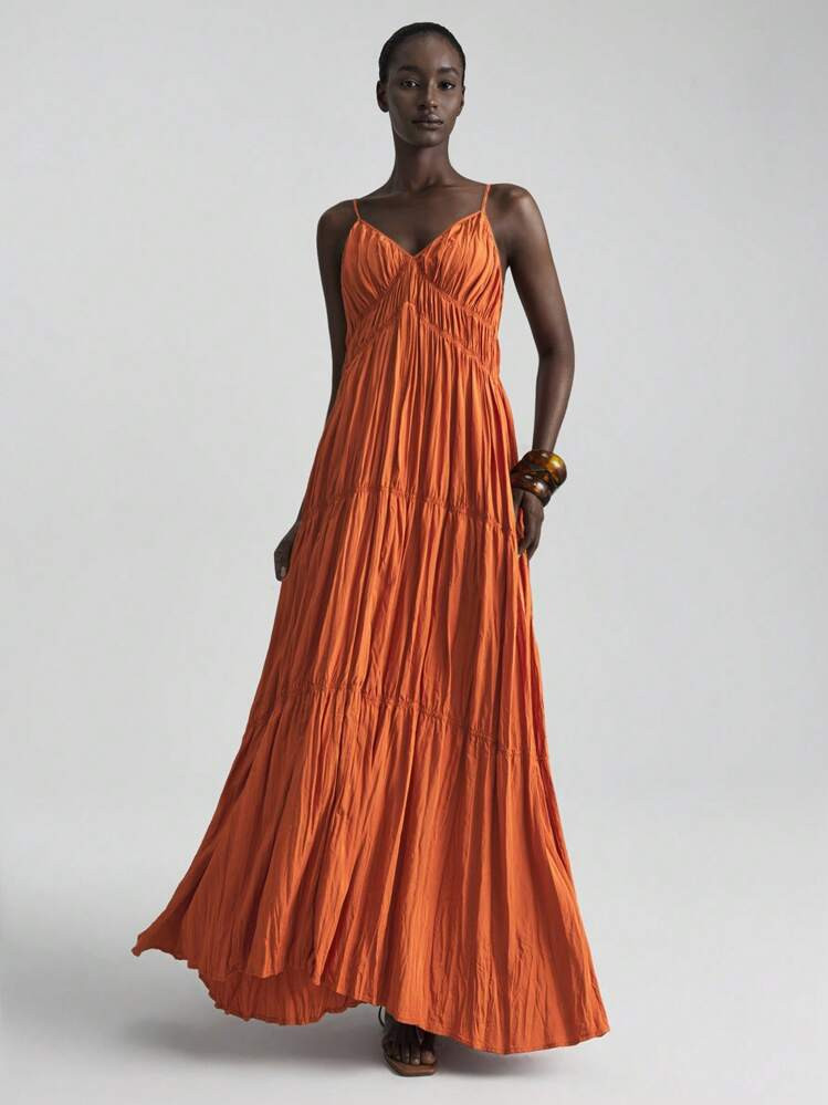 Ontre 2025 Women's Vacation Solid Color Ruffle Hem Sleeveless Dress, Bohemian Style, Suitable For Ibiza Island, Vacation, Festival, Orange | SHEIN