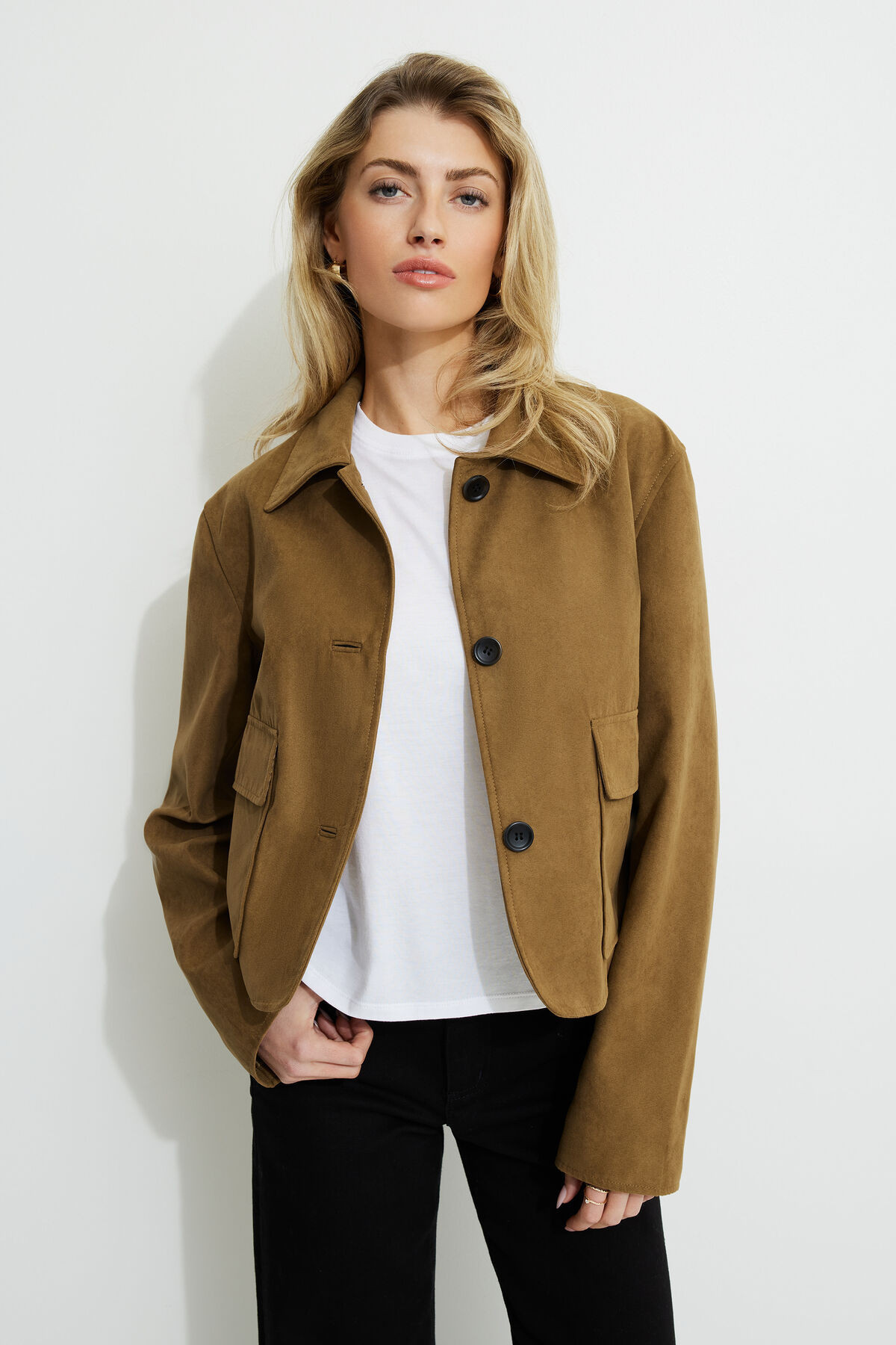 Cropped Faux Suede Jacket | Dynamite Clothing