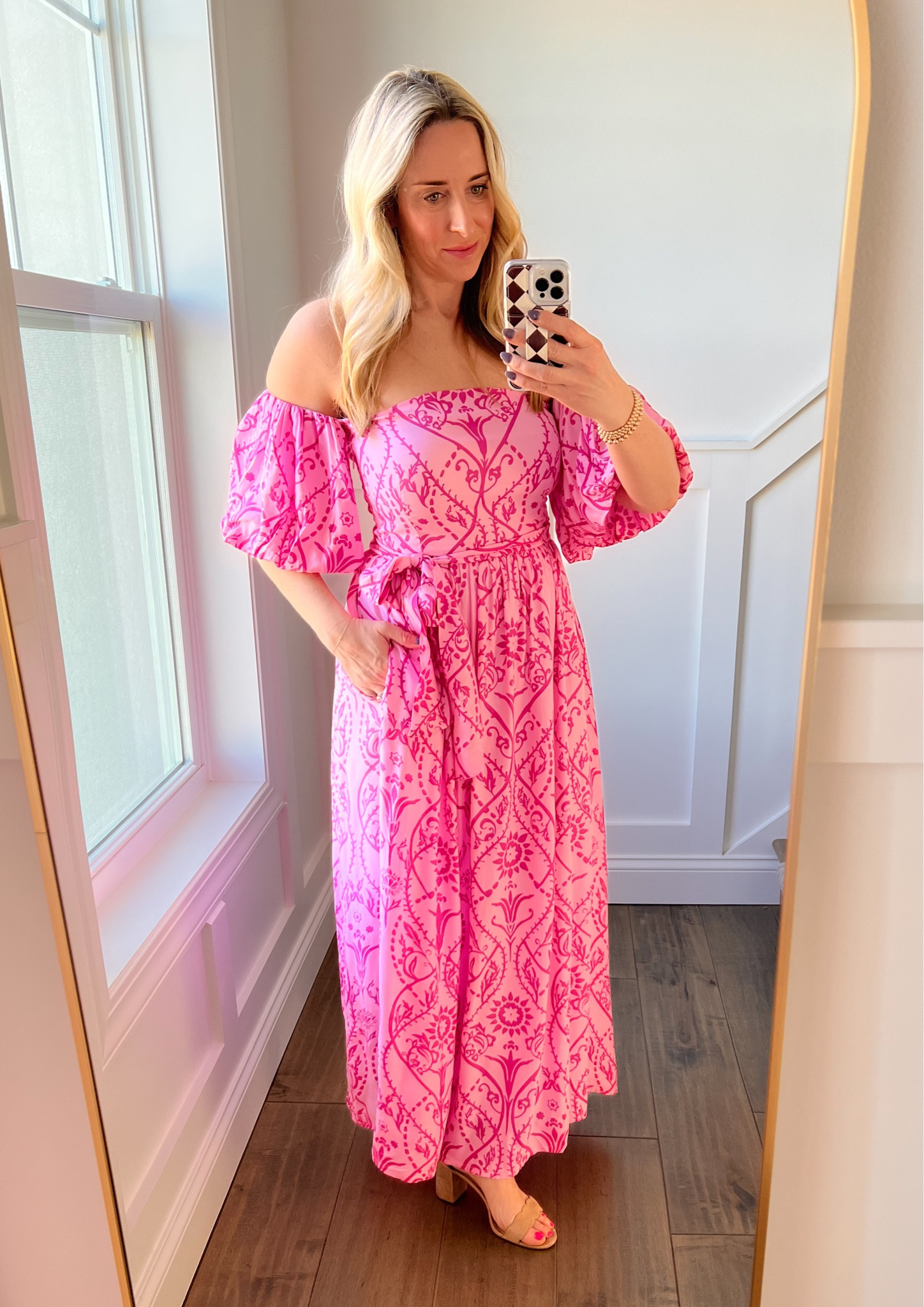 Dress
Vacation Dress
Resort Wear
Spring Break
Wedding guest Dress
Bright color dress
Maxi Dress
Off shoulder Dress

Beyond by Vera dress - wearing true size medium. Had designed pattern screen printed on fabric to create unique and beautiful dresses. 