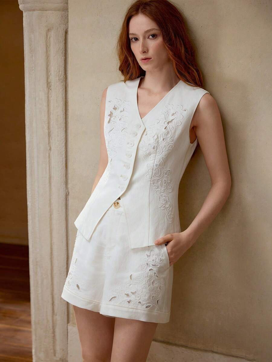 MOTF PREMIUM LINEN CASUAL ELEGANT HOLLOW OUT EMBROIDERY LOOSE STRAIGHT SHORTS, SUITABLE FOR HOLID... | SHEIN