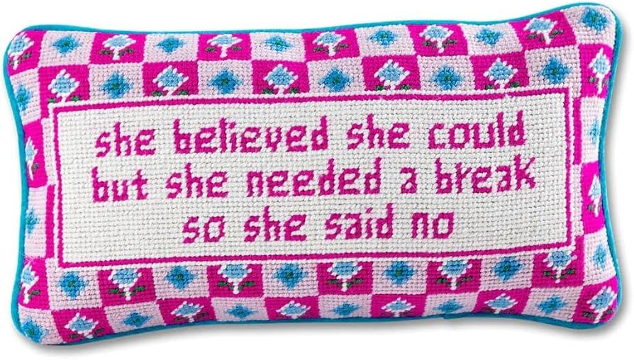 Furbish Handmade Needlepoint Decorative Throw Pillow - She Needed a Break - 8" x 14" - Small Embroidered Accent Pillow for Bed, Chair, Couch, Sofa - Aesthetic Preppy Home Decor | Amazon (US)