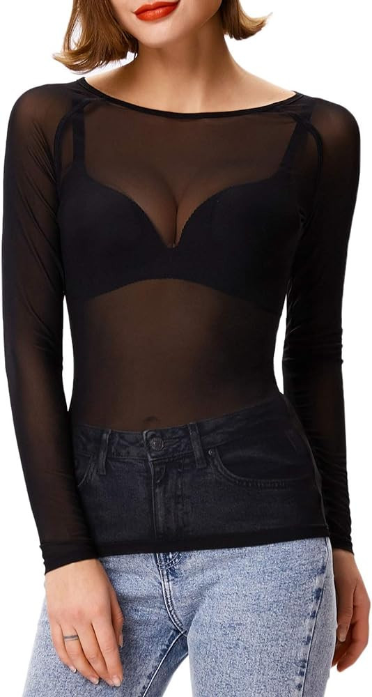 GRACE KARIN Women's Long Sleeve See Through Mesh Sheer Top Blouse Shirt | Amazon (US)