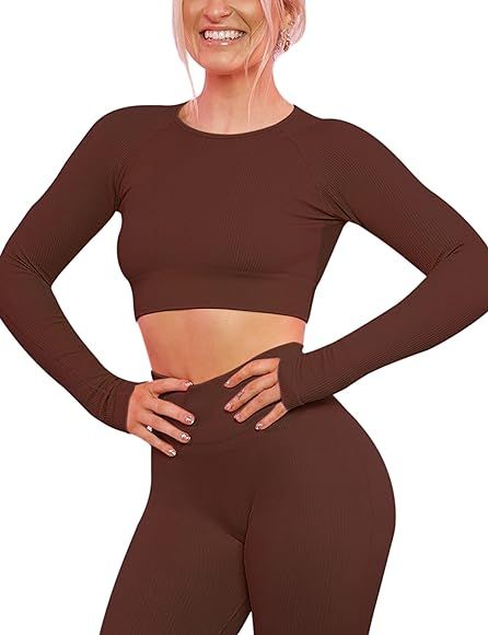 VALANDY Long Sleeve Crop Tops for Women Seamless Workout Shirts Fitted Crewneck Ribbed Basic Swea... | Amazon (CA)