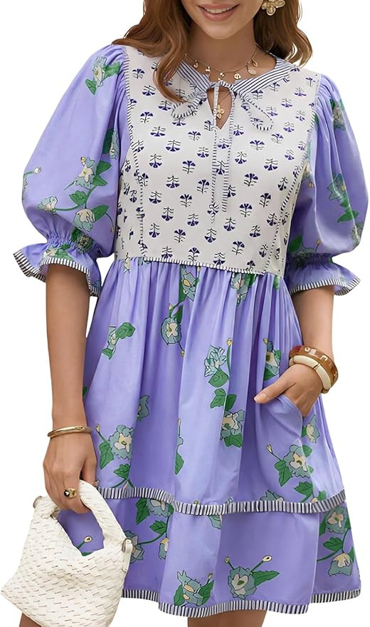 Wenrine Womens Casual Floral Mini Dress Summer Puff Short Sleeve Tie Front V Neck Patchwork Loose... | Amazon (US)