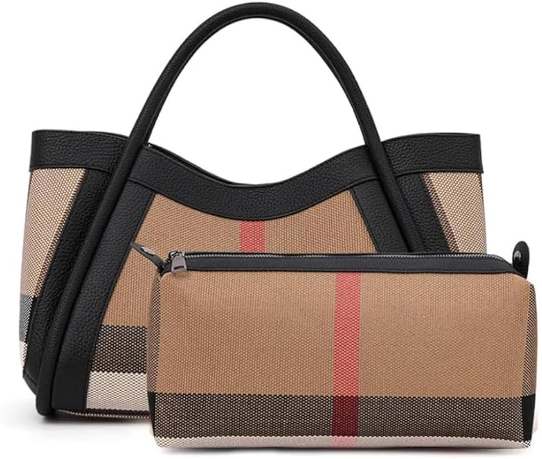 Classic Checkered 30 CM Tote Handbag Canvas & Cowhide Leather Plaid Top Handle with Detachable Sh... | Amazon (US)