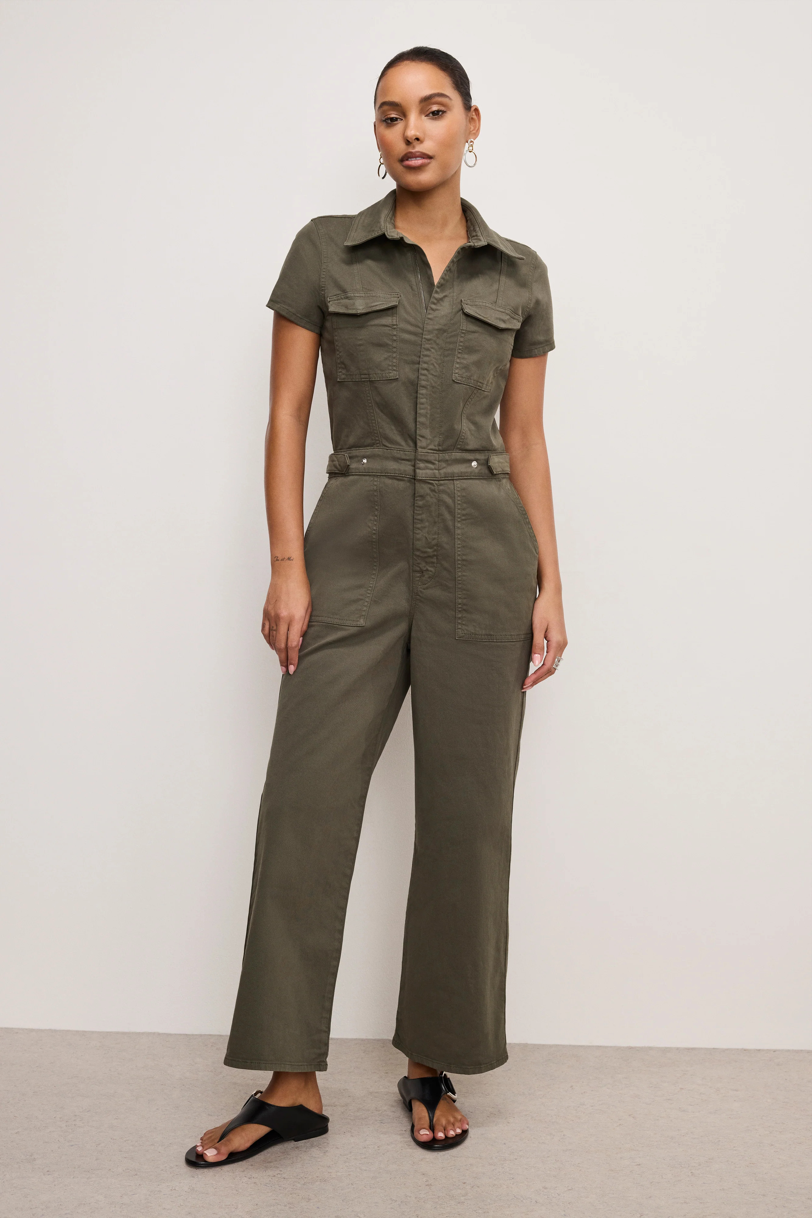 FIT FOR SUCCESS TWILL PALAZZO CROPPED JUMPSUIT | FATIGUE001 - GOOD AMERICAN | Good American