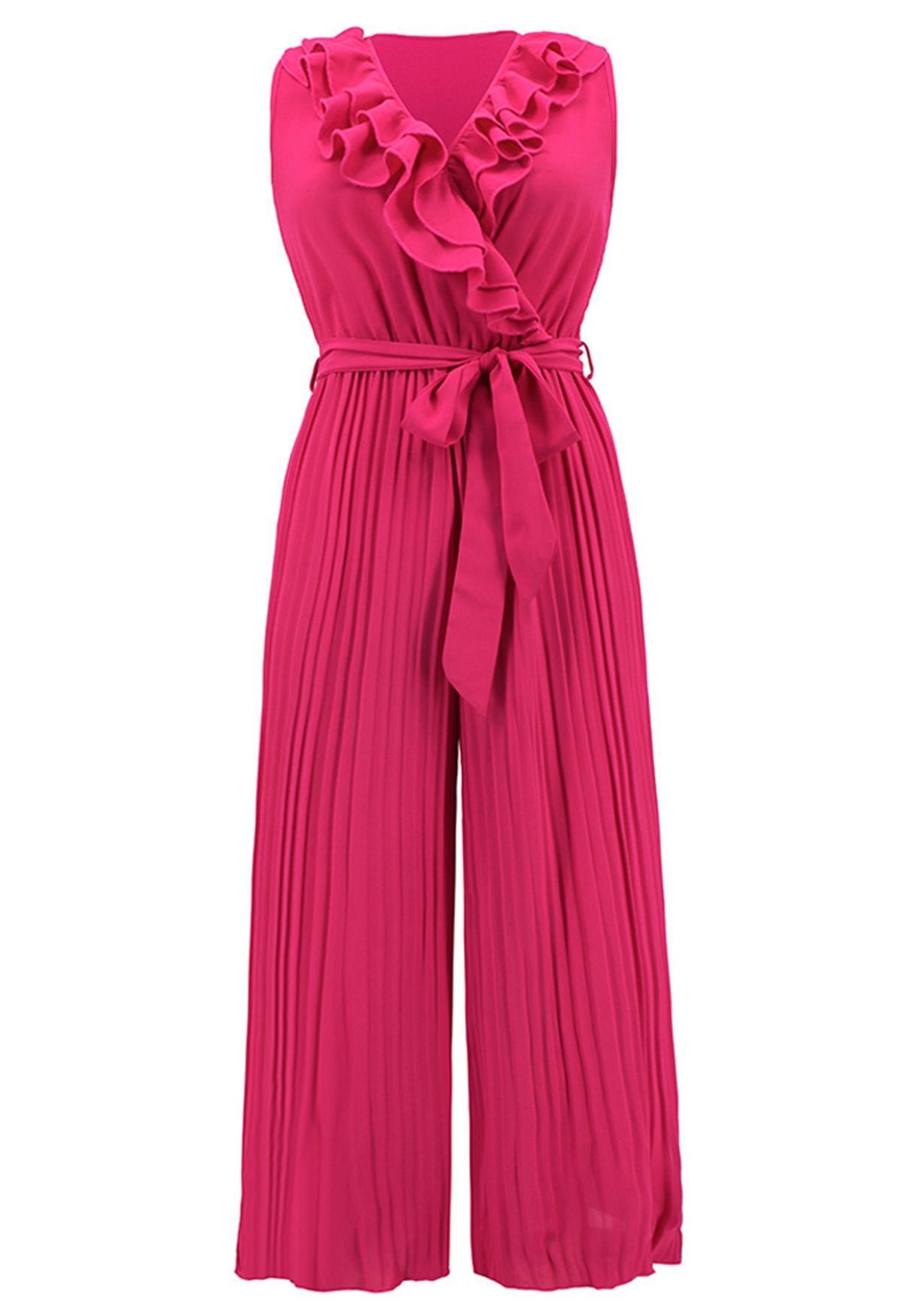 Tiered Ruffle Wrap Plisse Jumpsuit in Hot Pink | Chicwish