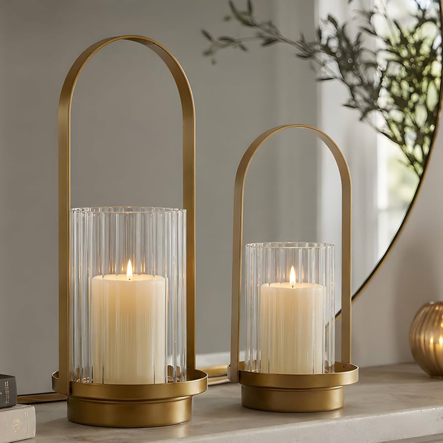 Gold Hurricane Candle Holders Set of 2, Modern Ribbed Glass Lanterns | Amazon (US)