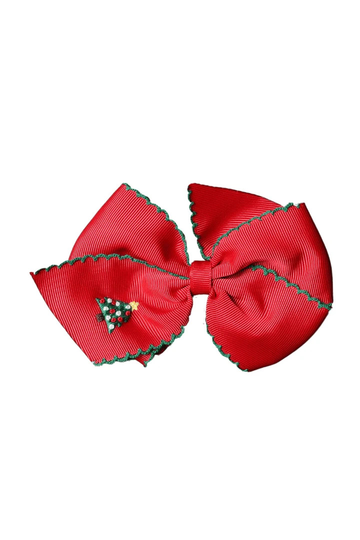 Embroidered Red Christmas Tree Grosgrain Bow | The Smocked Flamingo