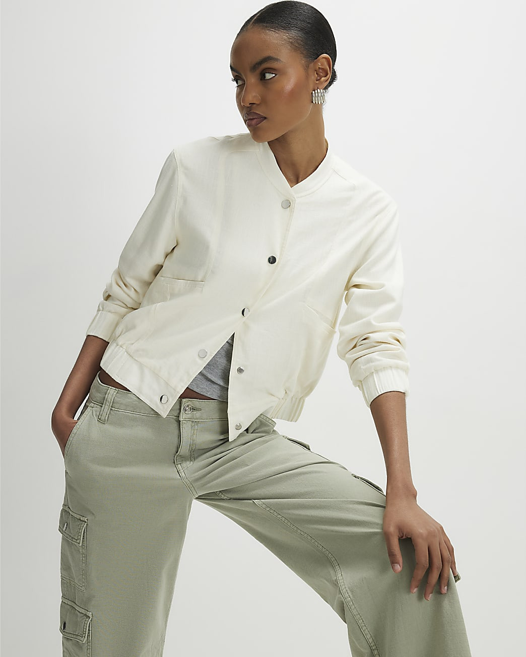 Cream Linen Bomber Jacket | River Island UK & IE