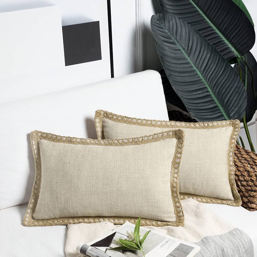Phantoscope Pack of 2 Farmhouse Decorative Solid Throw Decorative Pillow Cover Burlap Linen Trimm... | Amazon (US)