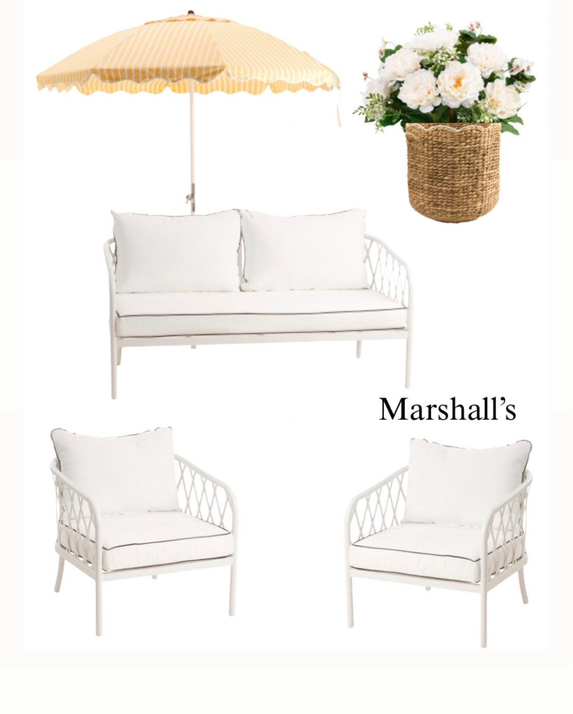 Outdoor white furniture, yellow striped business and pleasure umbrella. Faux flower, flower pot, chairs, Martha Stewart. Marshall’s furniture on sale! Spring, summer, French, modern, coastal.

#LTKHome #LTKSaleAlert
