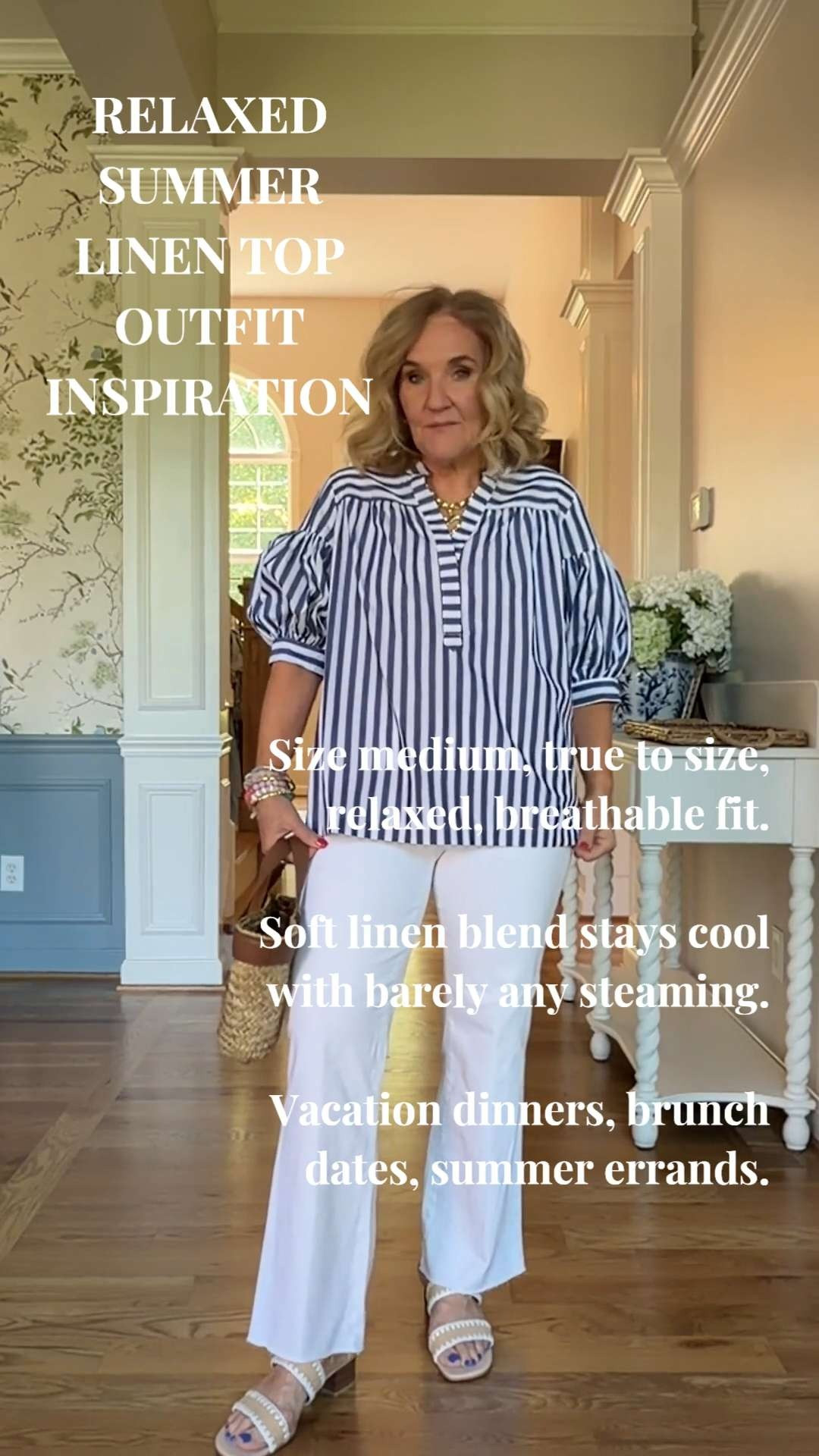 Tap the bell 🔔, heart ❤️ this post, and save for later!

If you’ve tried lightweight summer tops that feel stiff, tight, or wrinkle instantly… this one is the opposite.

The fabric feels soft and airy without being clingy.
Barely needed steaming right out of the package.
The loose sleeves make it comfortable all day, especially in the heat.

Wearing a medium, and I’d say it runs true to size with an easy relaxed fit.

This pairs so well with white denim, colored jeans, or linen pants for casual summer outfits, vacation dinners, lunch dates, or weekend errands.

Easy to wear now and all summer long.  

 #LTKootd #LTKSeasonal #LTKOver40