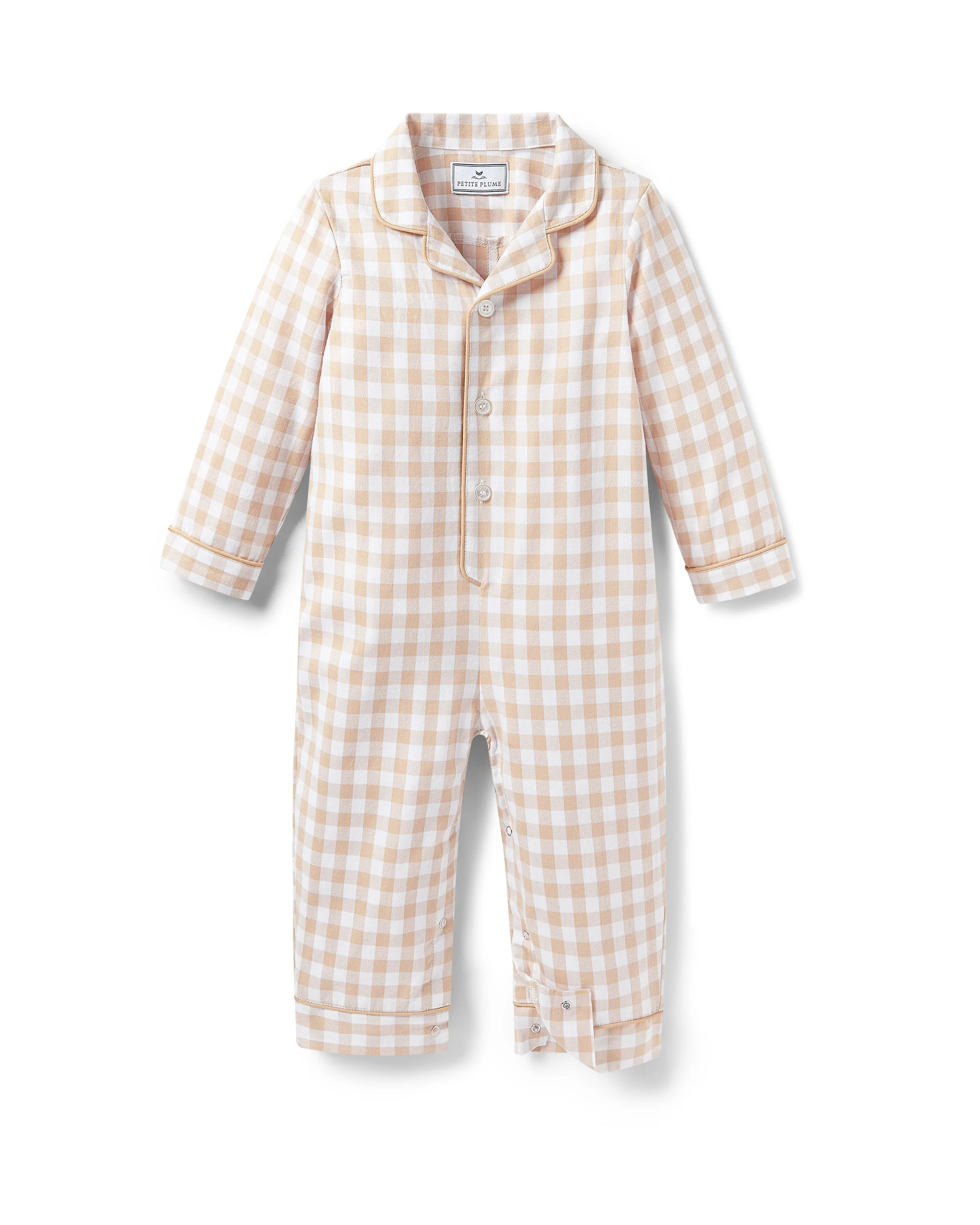 Baby's Twill Classic Romper in Camel Gingham | Petite Plume