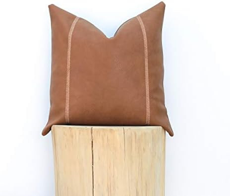 Snugtown Decorative Faux Leather Dark Brown Throw Pillow Cover 18x18 Inch with Embroidery, Tan Pi... | Amazon (US)