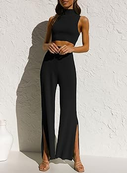 ARTFREE Womens 2 Piece Outfits Sets Casual Sweatsuits Streetwear, Ribbed Knit Palazzo Wide Leg Pa... | Amazon (US)