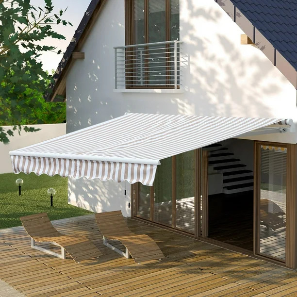 Outsunny 10' x 8' Retractable Sun Shade Patio/Window Awning, White/Beige Stripe | Walmart (US)